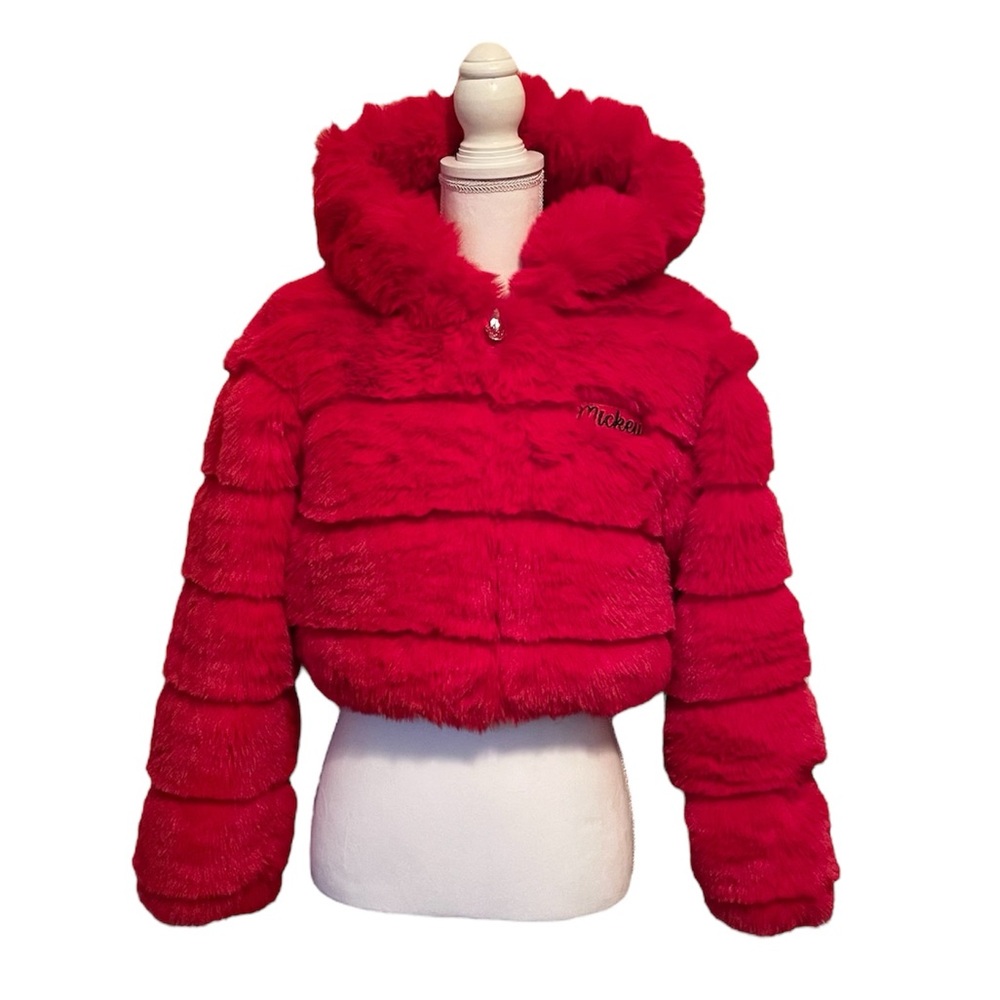 Forever 21 x Disney Mickey Mouse Faux Fur Cropped Red Hooded Puffer Jacket Small - Picture 16 of 16